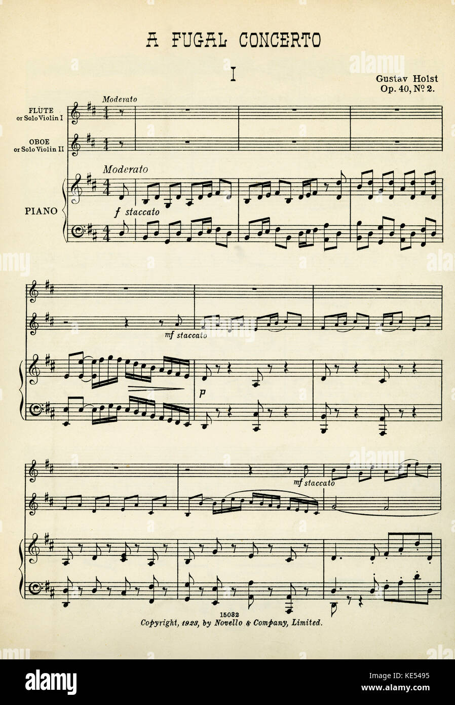 Gustav Holst Gustav Holst - Opening page of score. A Fugal Concerto for flute and oboe (or two solo violins) with accompaniment for string orchestra. Published by Novello & Co., Ltd., 1923. English composer: 21 September 1874 – 25 May 1934. Stock Photo