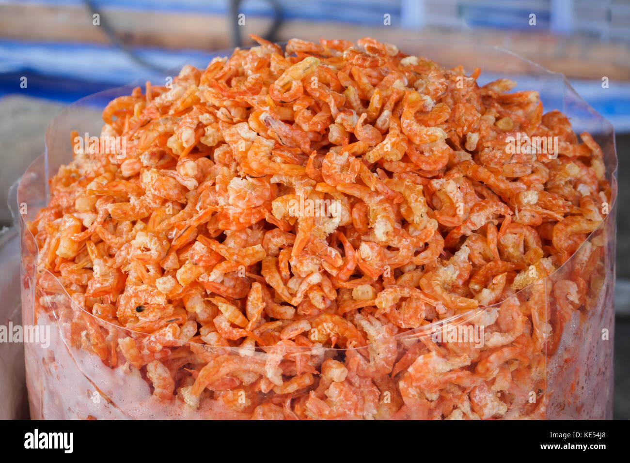 dried shrimp in plastic bag at seafood market selective focus Stock