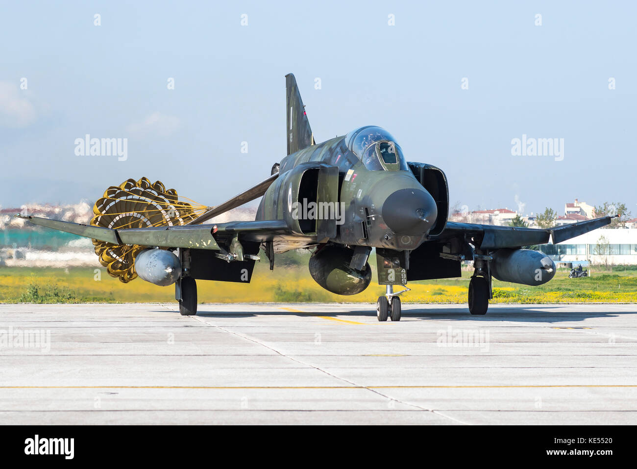 Hellenic Air Force RF-4E Phantom II recovering its chute at Larissa Air Base, Greece. Stock Photo