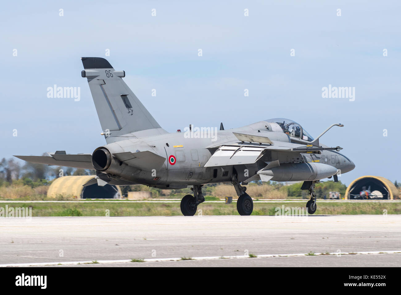 Italian Air Force AMX ACOL landing at Andravida Air Base, Greece. Stock Photo