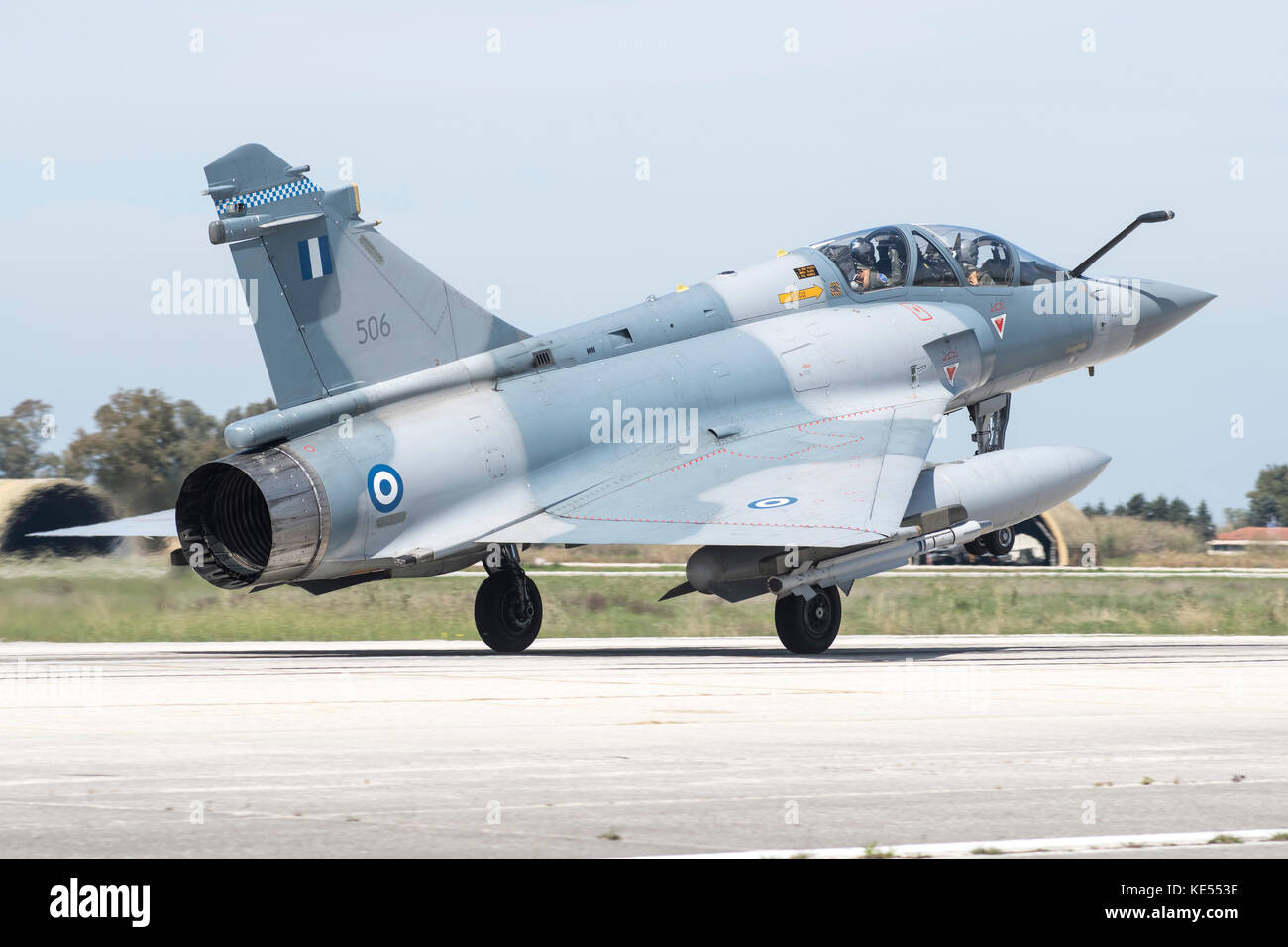 Hellenic Air Force Mirage 2000-5BG landing at Andravida Air Base, Greece. Stock Photo