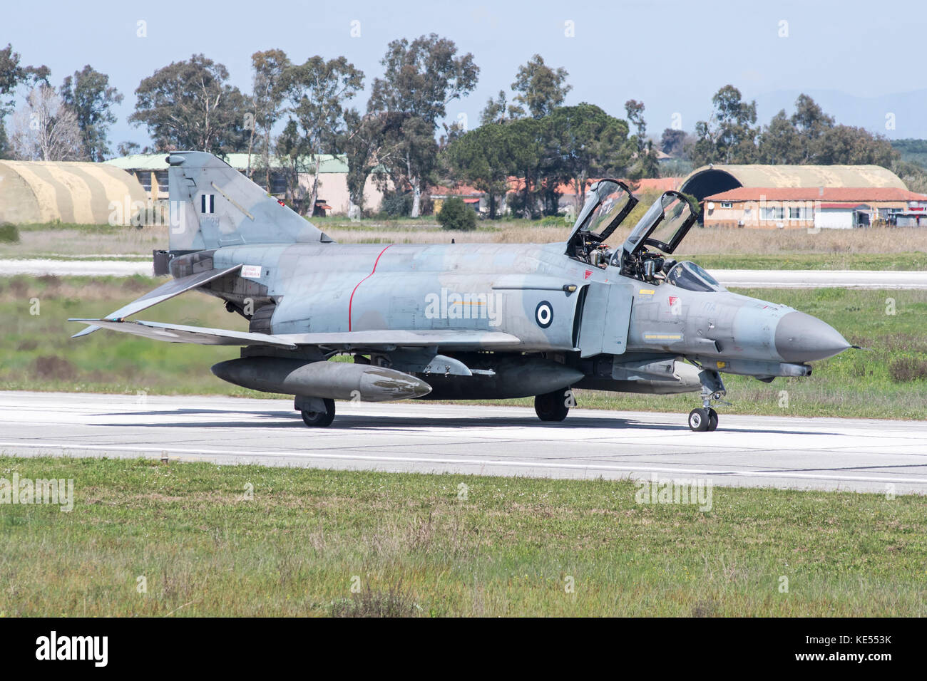 Hellenic Air Force F-4E Phantom II taxiing at Andravida Air Base, Greece. Stock Photo