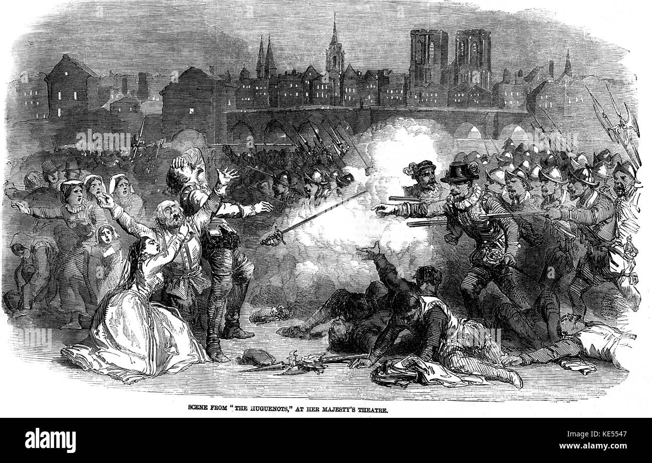 Les Huguenots, opera  by Giacomo Meyerbeer at Her Majesty's Theatre, London 1858 production (London Illustrated News  24 April, 1858) German composer, 5 September 1791 - 2 May 1864. Stock Photo