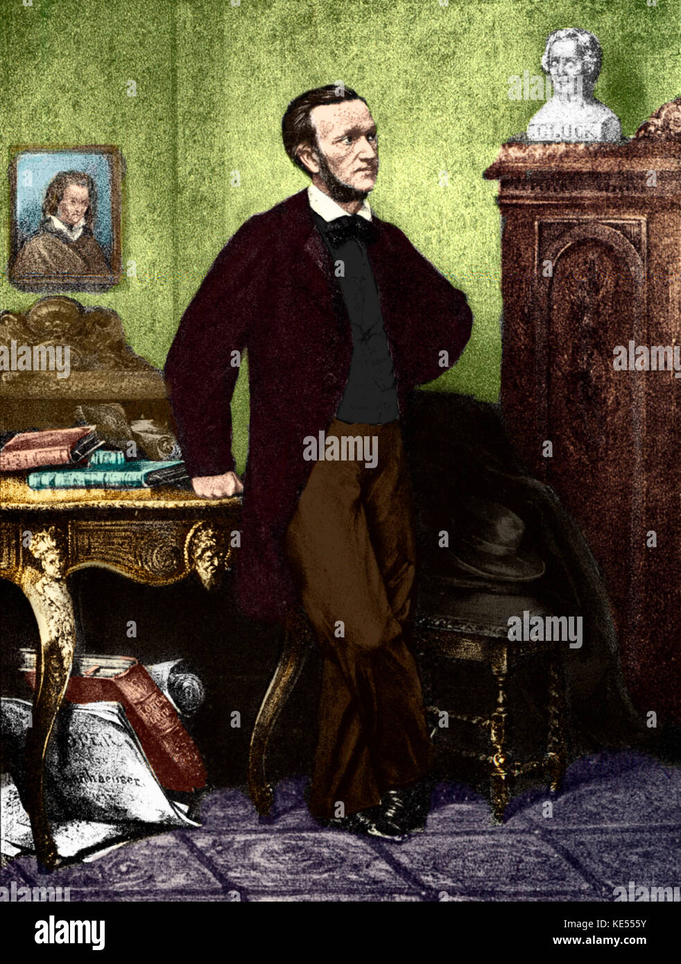 Richard Wagner, lithograph by W. Jab, after a photograph taken in Vienna in 1862. Looking at bust of Gluck.  German composer & author, 1813-1883. Colourised version. Stock Photo
