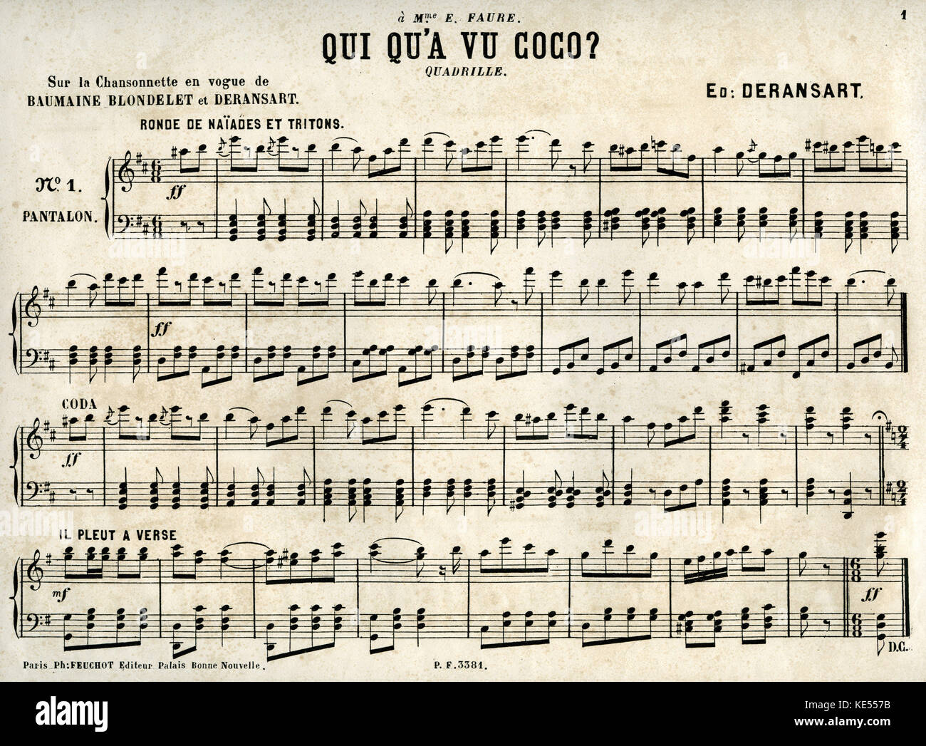 Qui qu'a vue Coco, score cover -  quadrille sur la Chansonenette en vogue de words by  Baumaine, Blondelet & music composed by Deransart by Deransart.  Published Paris, Feuchot.  Song by Coco Chanel, as a result she took on the name Coco. Coco Chanel (originally called Gabrielle Chasnel),  : French fashion designer,  19 August 1883 – 10 January 1971. Stock Photo