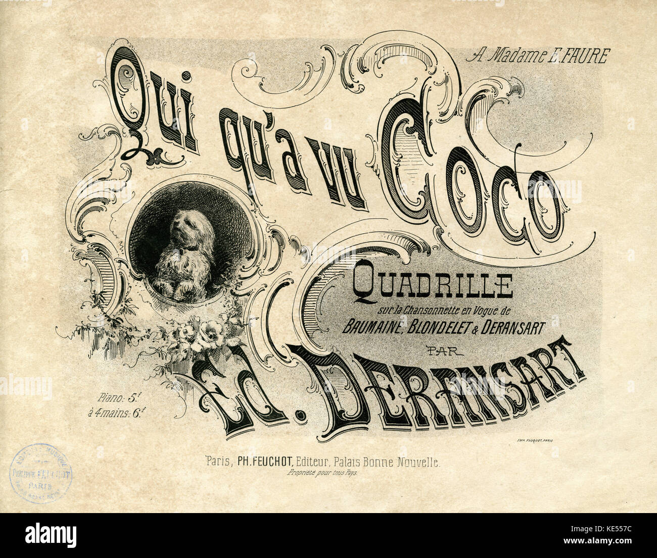 Qui qu'a vue Coco, score cover -  quadrille sur la Chansonenette en vogue de words by  Baumaine, Blondelet & music composed by Deransart by Deransart.  Published Paris, Feuchot.  Song by Coco Chanel, as a result she took on the name Coco. Coco Chanel (originally called Gabrielle Chasnel),  : French fashion designer,  19 August 1883 – 10 January 1971. Stock Photo