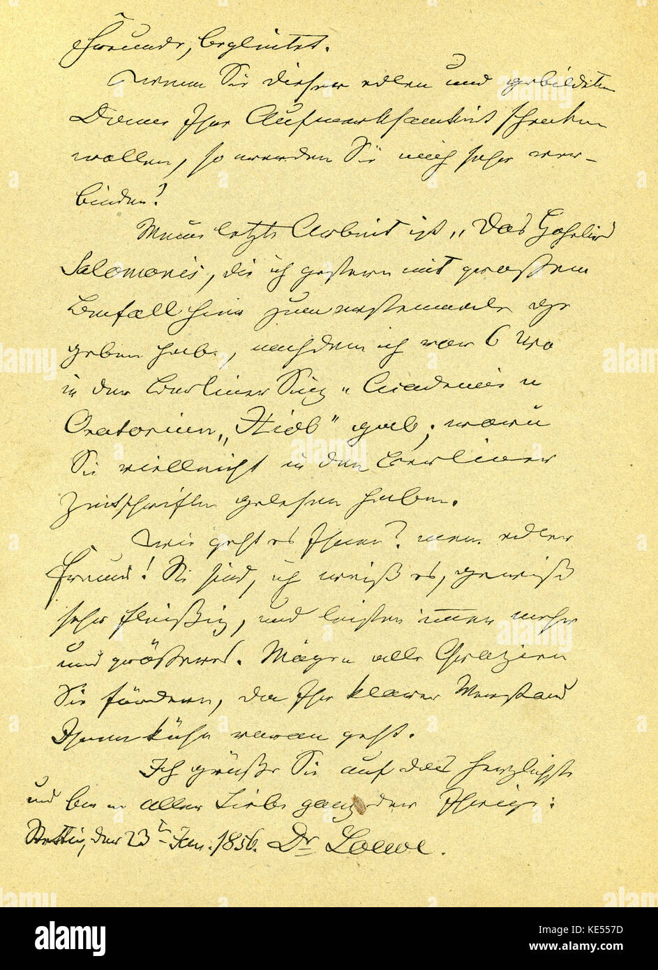 Carl Loewe letter in his handwriting. Dated 1856 German composer, baritone singer and conductor. 30 November  1796 – 20  April    1869. Stock Photo