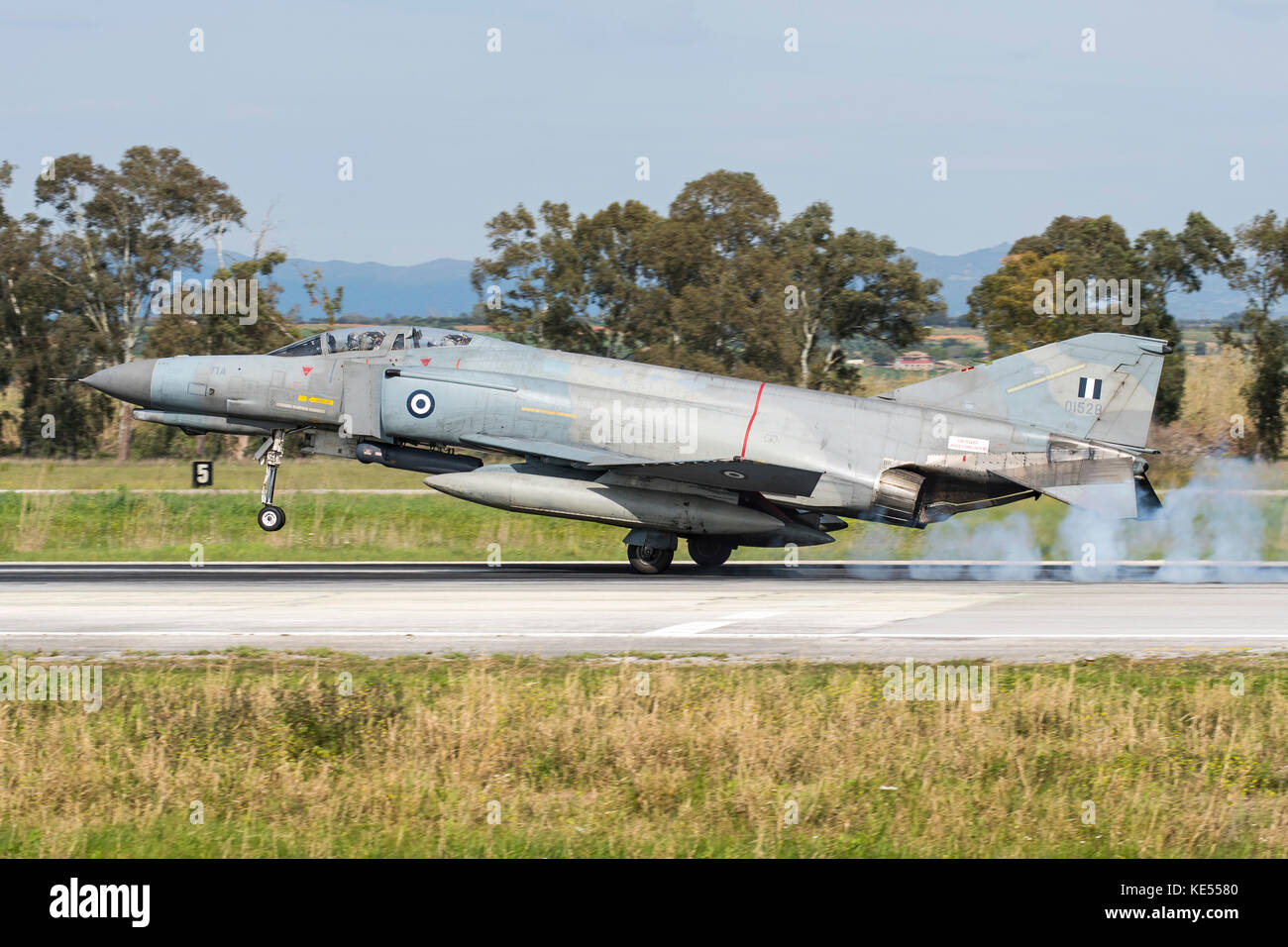 Hellenic Air Force F-4E Phantom II landing at Andravida Air Base, Greece. Stock Photo