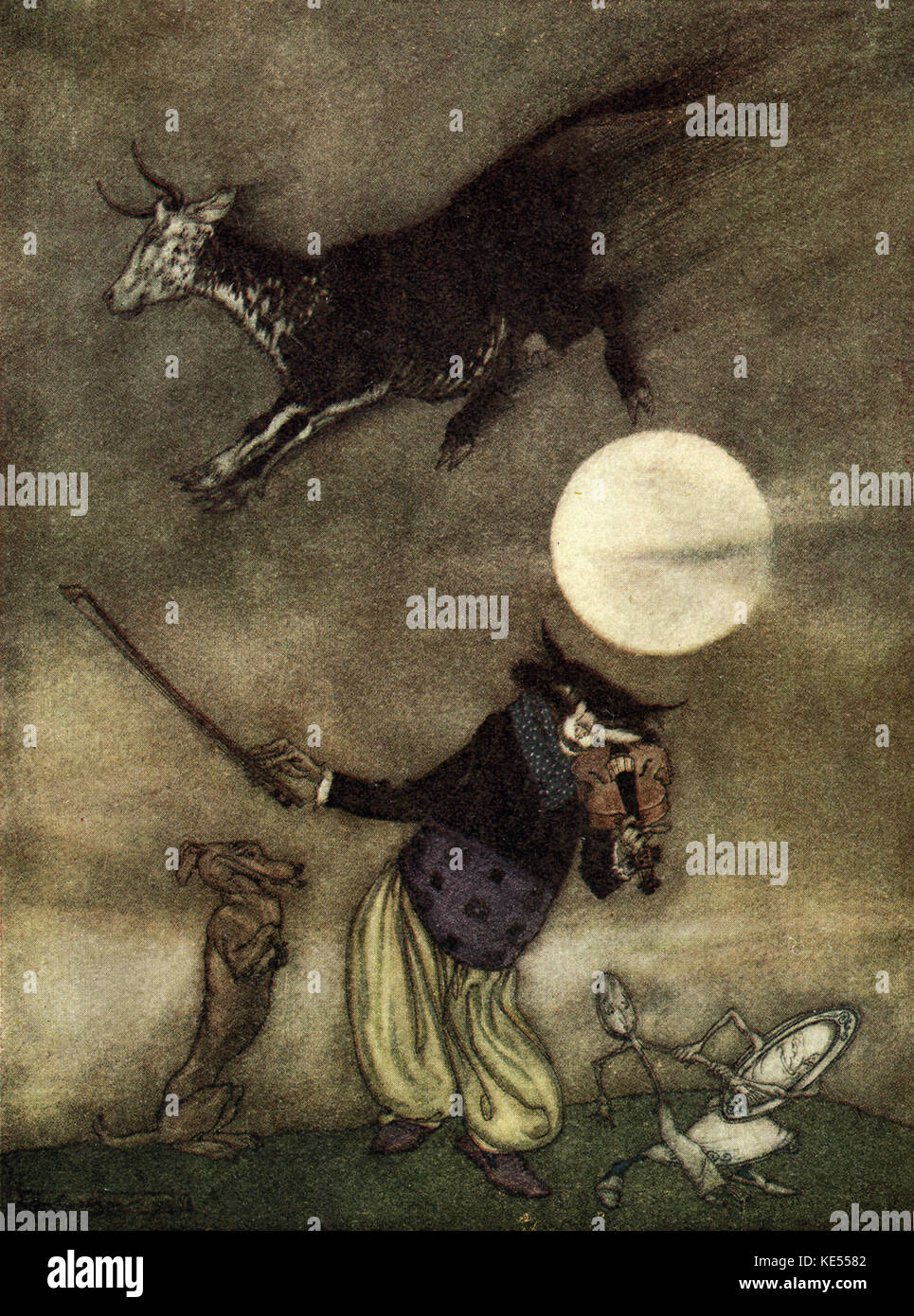 Hey! Diddle, diddle! The cat and the fiddle, The cow jumped over the moon: the little dog laugh'd So see such sport, And the dish ran away with the spoon' - nursery rhyme.  Illustration  by Arthur Rackham.  English book illustrator 19 September 1867 – 6 September 1939. Stock Photo