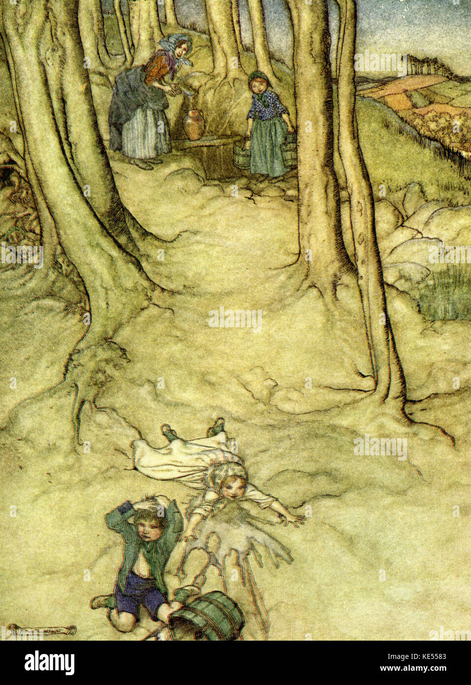 Jack and Jill, nursery rhyme. Illustration by Arthur Rackham. English book illustrator 19