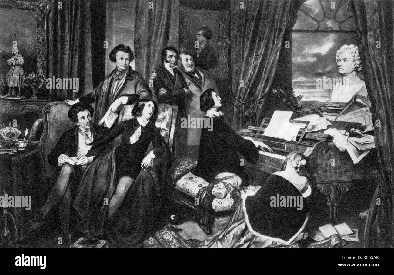 Liszt at the piano. Painting  by Josef Danhauser, (1805-1845) Vienna 1840. From r to l, Marie d'Agoult leaning against the piano, in armchair George Sand, next to Alexander  )Alexandre) Dumas pere, leaning on armchair Victor Hugo. To his right are Paganini and Rossini.  On the piano is a bust of Beethoven, and hanging on the wall a portrait of Byron. Erinnerung an Liszt. Stock Photo