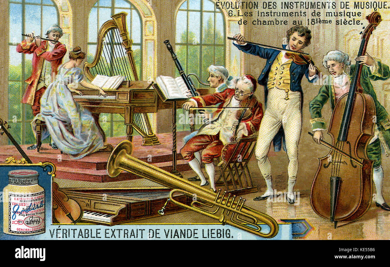 Chamber music instruments of the 18th century: flute, clavecin (type of harpsicord), viola, cello. Advertisement for Liebig 's Meat Extract, Evolution of musical instruments, published 1910. Stock Photo