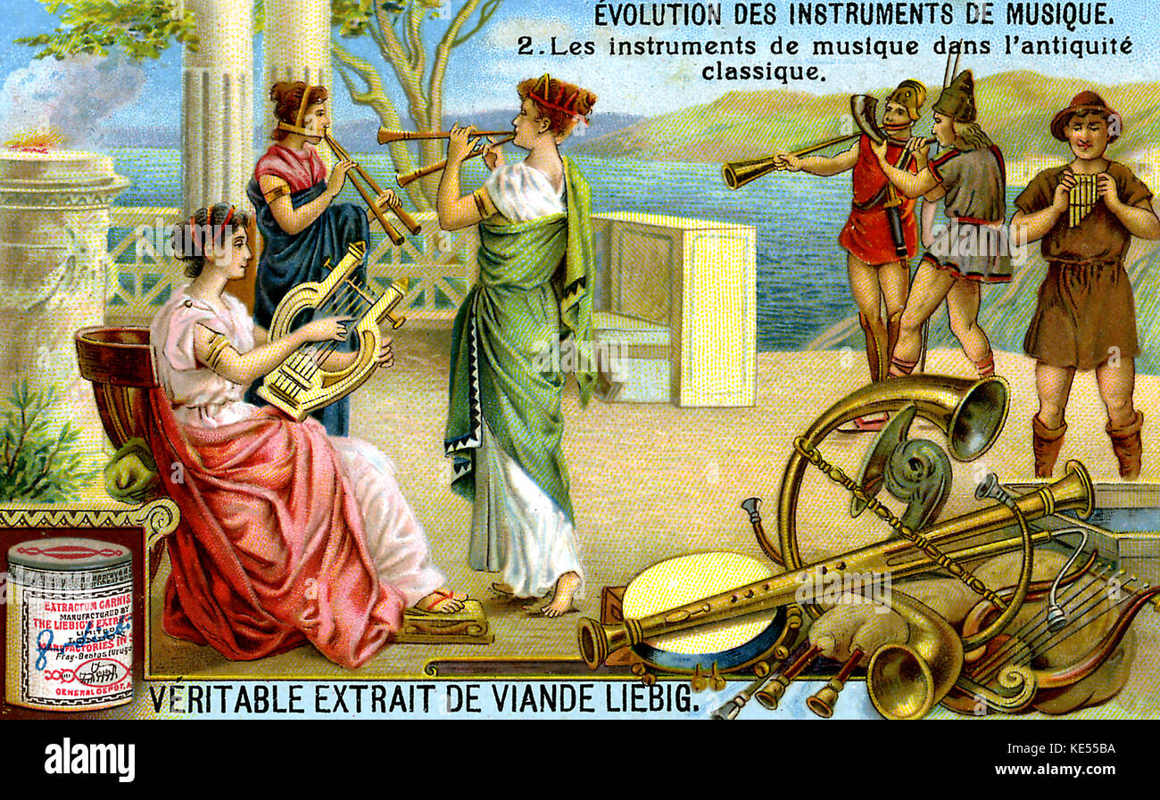Instruments of Classical Antiquity: lyre, horn, double aulos, pan pipes, and shofar. Advertisement for Liebig 's Meat Extract, Evolution of musical instruments, published 1910. Stock Photo