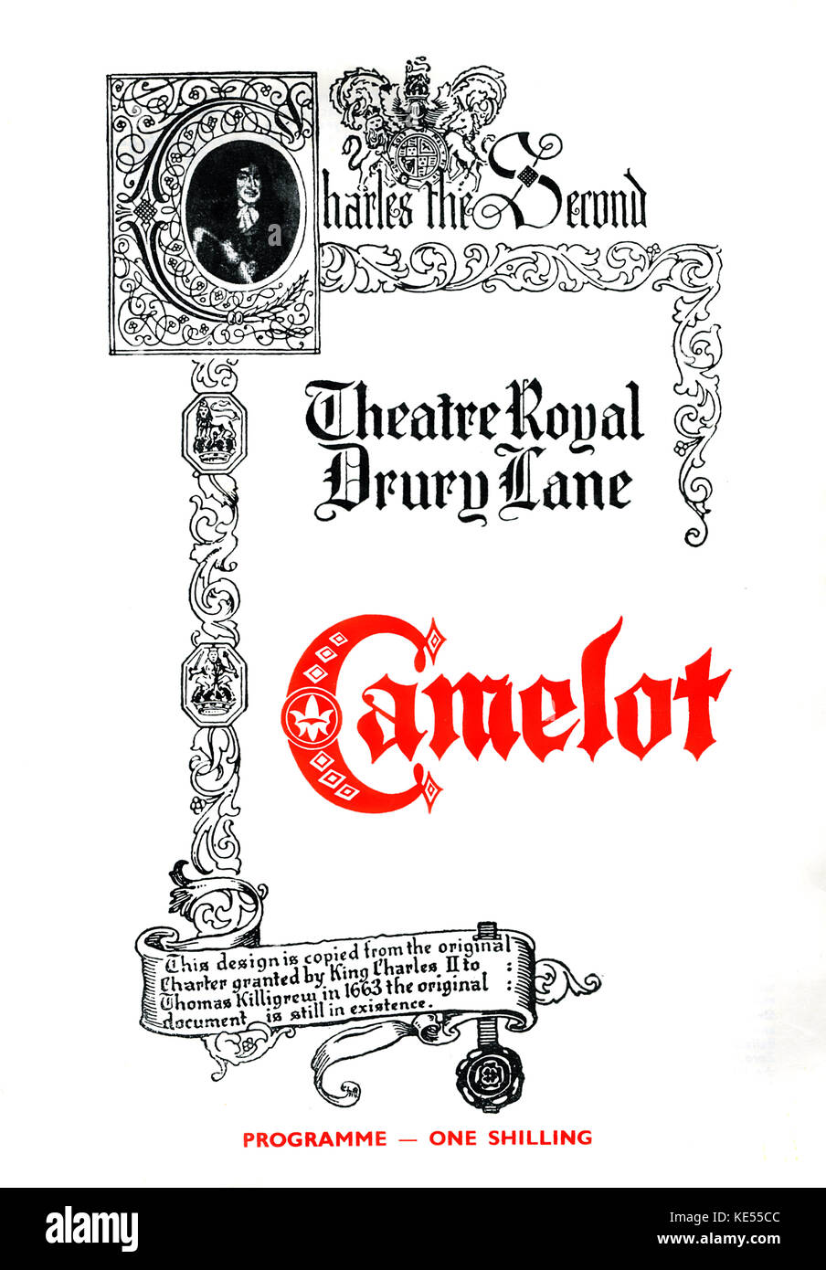 Camelot- musical at Theatre Royal Drury Lane, London. Cardew Robinson as Pellinore, Directed and Choreographed by Robert Helpmann, Music by Frederick Loewe. Programme cover, 1964. Stock Photo