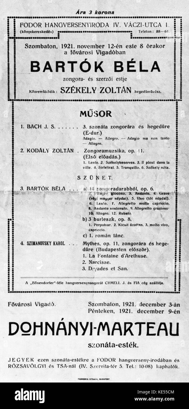 Poster for concert with Bela Bartok and Zoltan Szekely, 12 November 1921. Szekely frequently partnered Bartok in chamber-music concerts from 1920 onwards. BB: Hungarian composer & pianist, 25 March 1881 - 26 September 1945. ZS:  Hungarian volinist, 8 December 1903 – 5 October 2001. Stock Photo