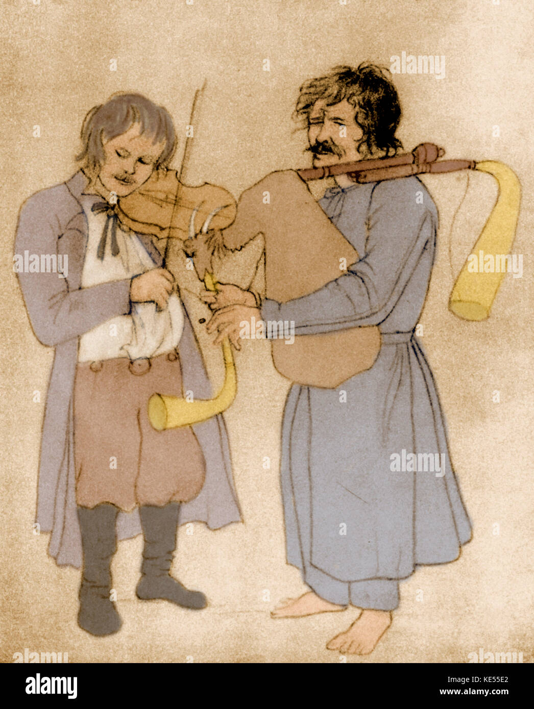 Polish fiddle player and bagpiper traditional bagpipes made out of