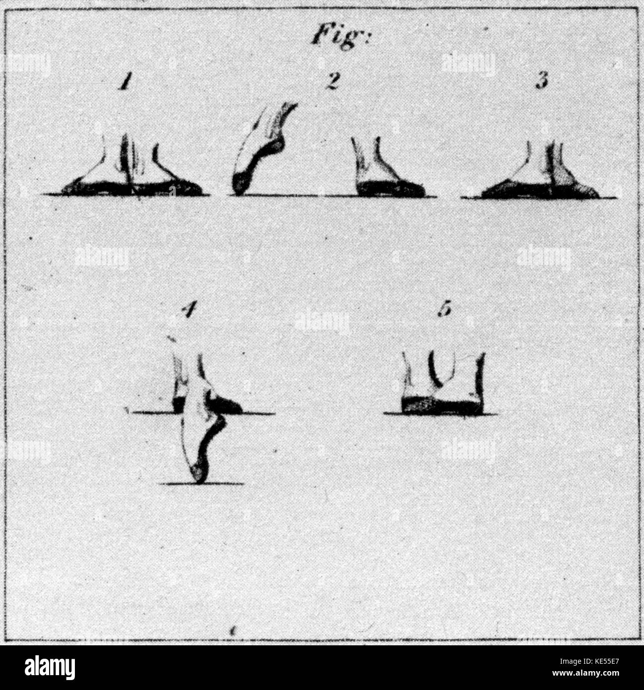 Dance steps of the Waltz. Sketches showing positions of waltzing. From Thomas Wilson 's 'Description of the Correct Method of Waltzing', 1816. Stock Photo