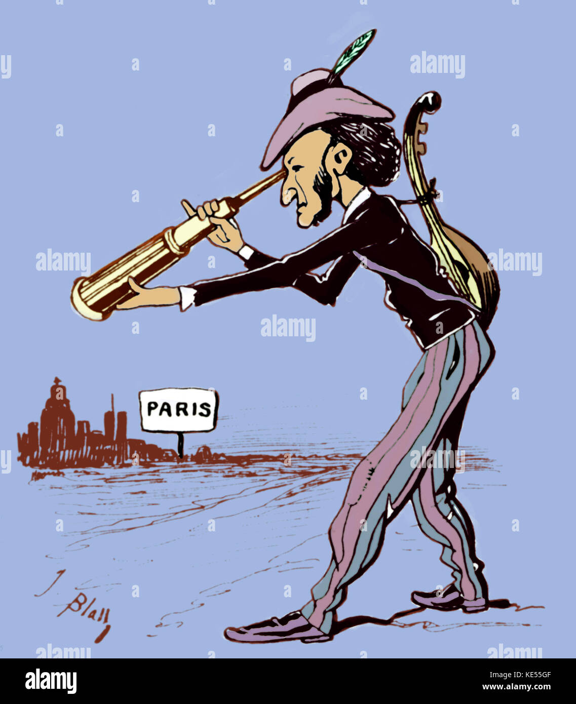 WAGNER, Richard  -  on his way to Paris, searching the right path. Caricature German composer and author (1813-1883). Colourised version. Stock Photo