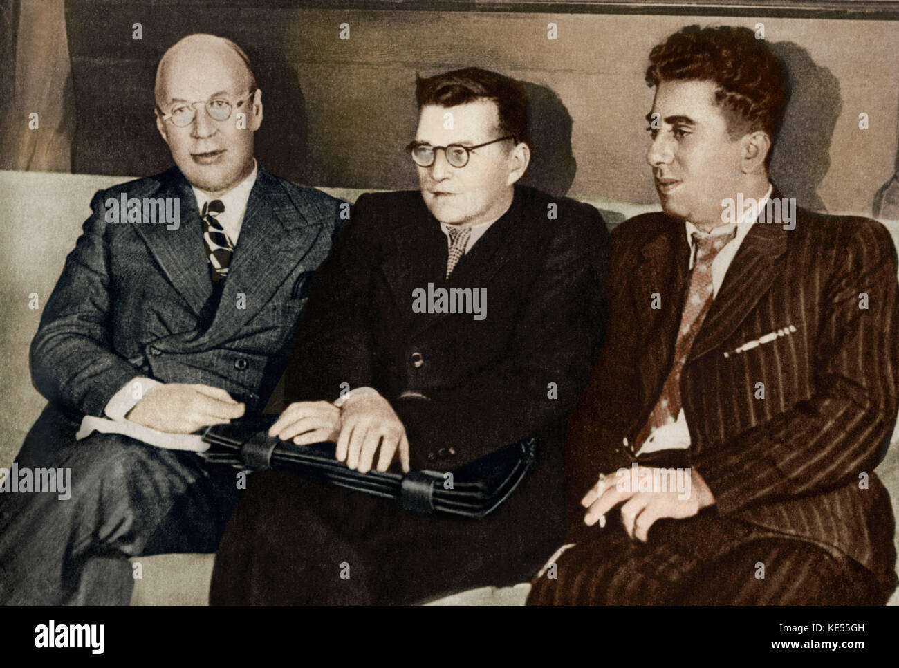 Sergei Prokofiev with Dmitri Shostakovich (middle) and  Aram Ilich Khachaturian (right). Russian composer, 27 April 1891 - 5 March 1953.  Schostakowitsch. Colourised version. Stock Photo