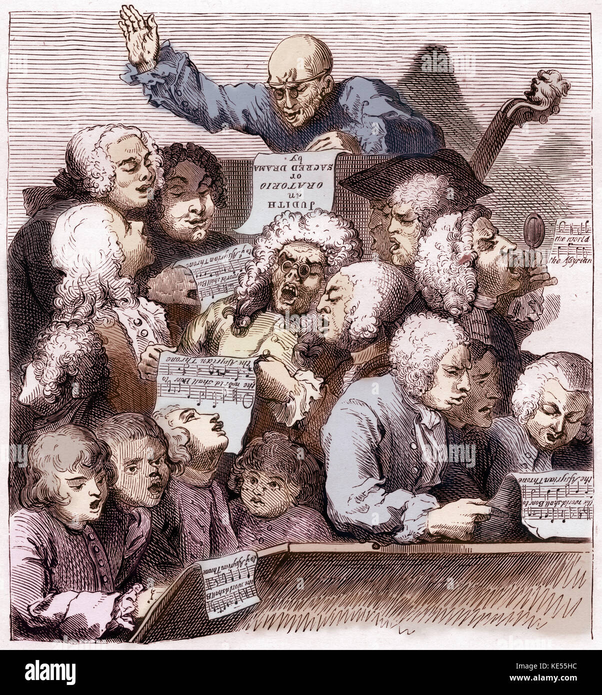Handel's Choir / the Chorus - in sketch by Hogarth, 1731. Singing Willem de Fesch's Oratorio, 'Judith'. Colourised version. Stock Photo