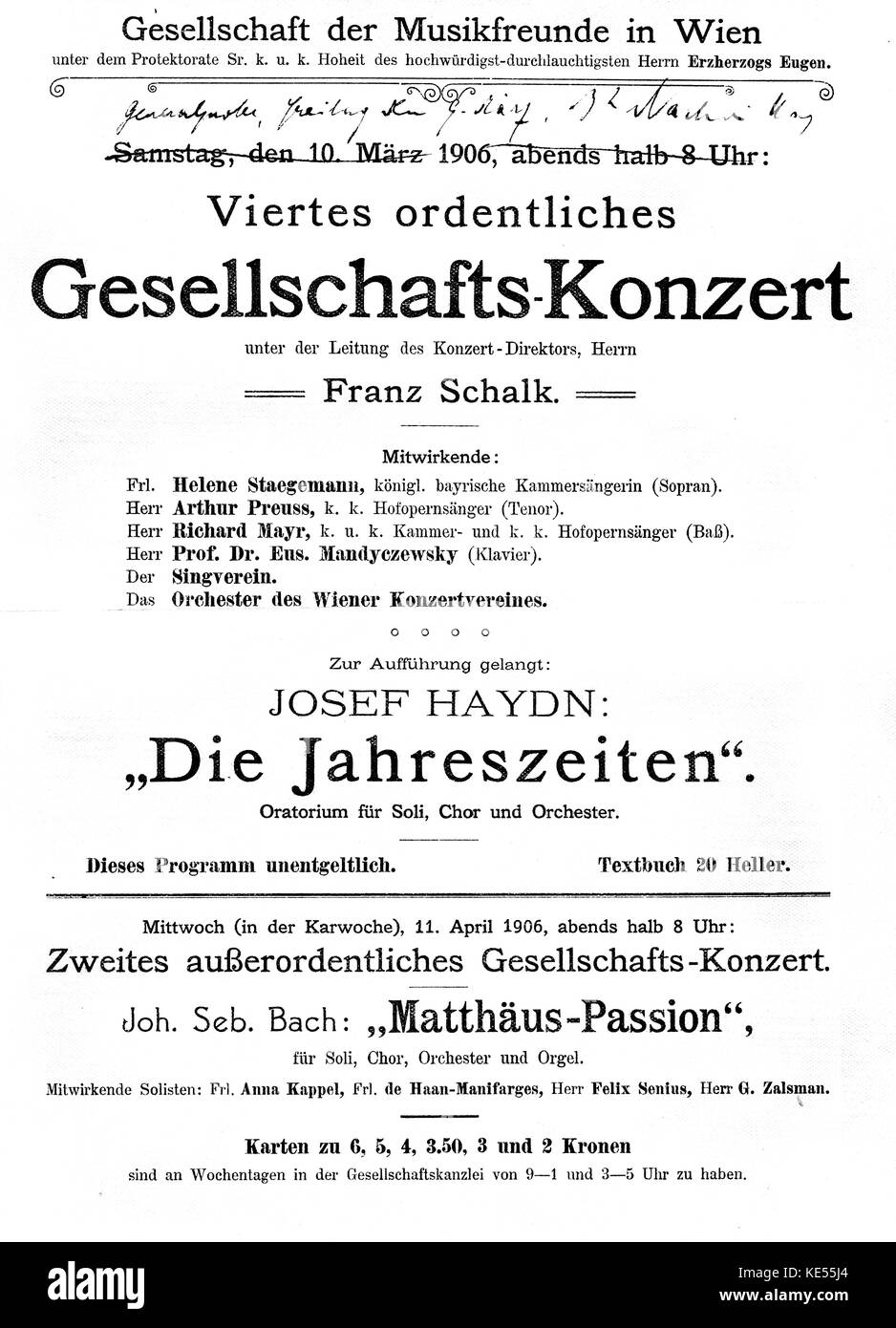 Placard for Joseph Haydn 's 'Die Jahreszeiten'. / The Seasons.  Saturday 10 March, 1906. Performed at Gesellschaft der Musikfreunde in Wien. / Vienna. Stock Photo