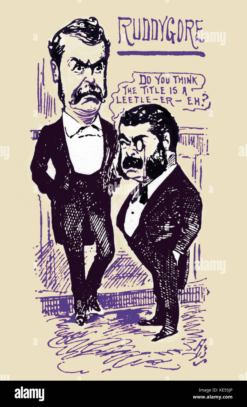 Gilbert and Sullivan. Nineteenth-century caricature. Caption reads 'Gilbert at first resisted pressure to change the title of his new opera, suggesting in exasperation that it be renamed 'Kensington Gore : or Not so Good as The Mikado'. WSG: English poet, playwright and librettist, 18 November 1836 - 29 May 1911. AS:  English composer, 13 May 1842 - 22 November 1900. Stock Photo