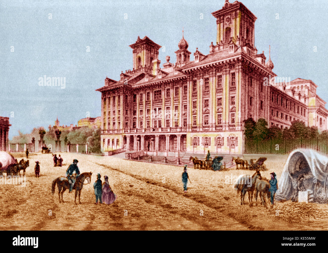 Esterházy (Esterháza) Palace in Eisenstadt, c.1840's, Austria (then part of the Kingdom of Hungary). Prince Nicolas Esterházy was Haydn's patron.  Steel engraving by C. Rohrich after L. Rohbock. Colourised version. Stock Photo