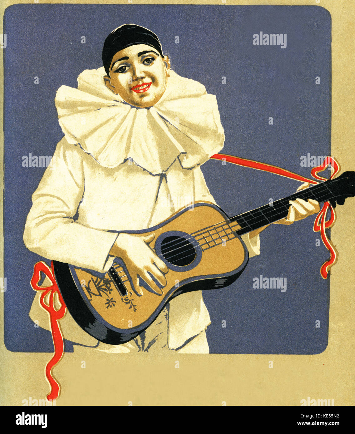 Pierrot playing the guitar. Cover of  Italian music magazine, ' Musica e Musicisti ' , the musical gazette of Milan, 1905.  Art nouveau style. Stock Photo