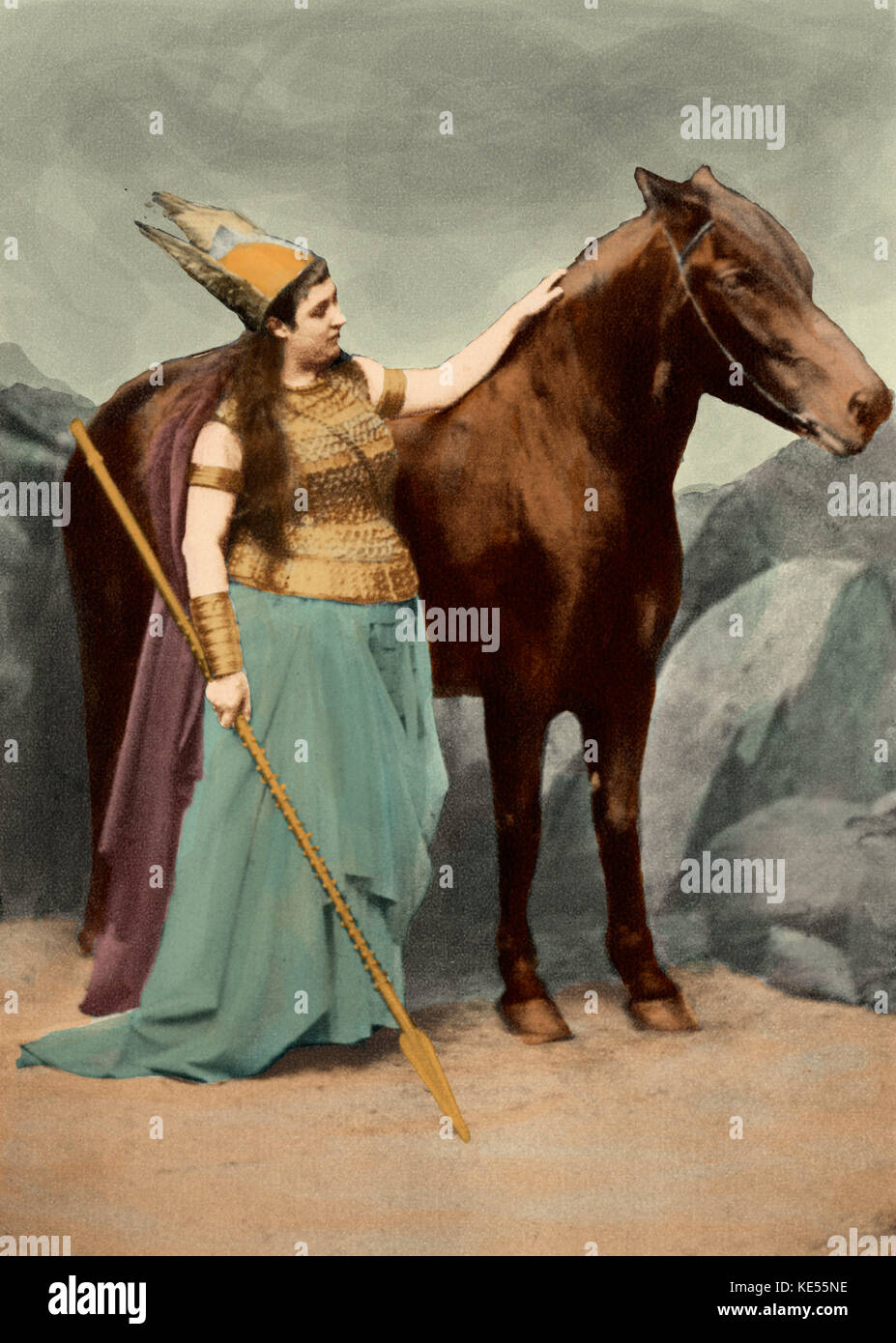 MATERNA, Amalie as Brunnhilde 1844-1918. Austrian soprano. 1st Bayreuth Brunnhilde in 1876 and first Brunnhilde at New York  Metropolitan Opera premiere 30 January  1885 of Walkure by Wagner. (Does not appear in Rhinegold) Walkure / Valkyrie / Walkyrie, Ring Cycle / Nibelungen. Colourised version. German composer & author, 22 May 1813 - 13 February 1883. Stock Photo