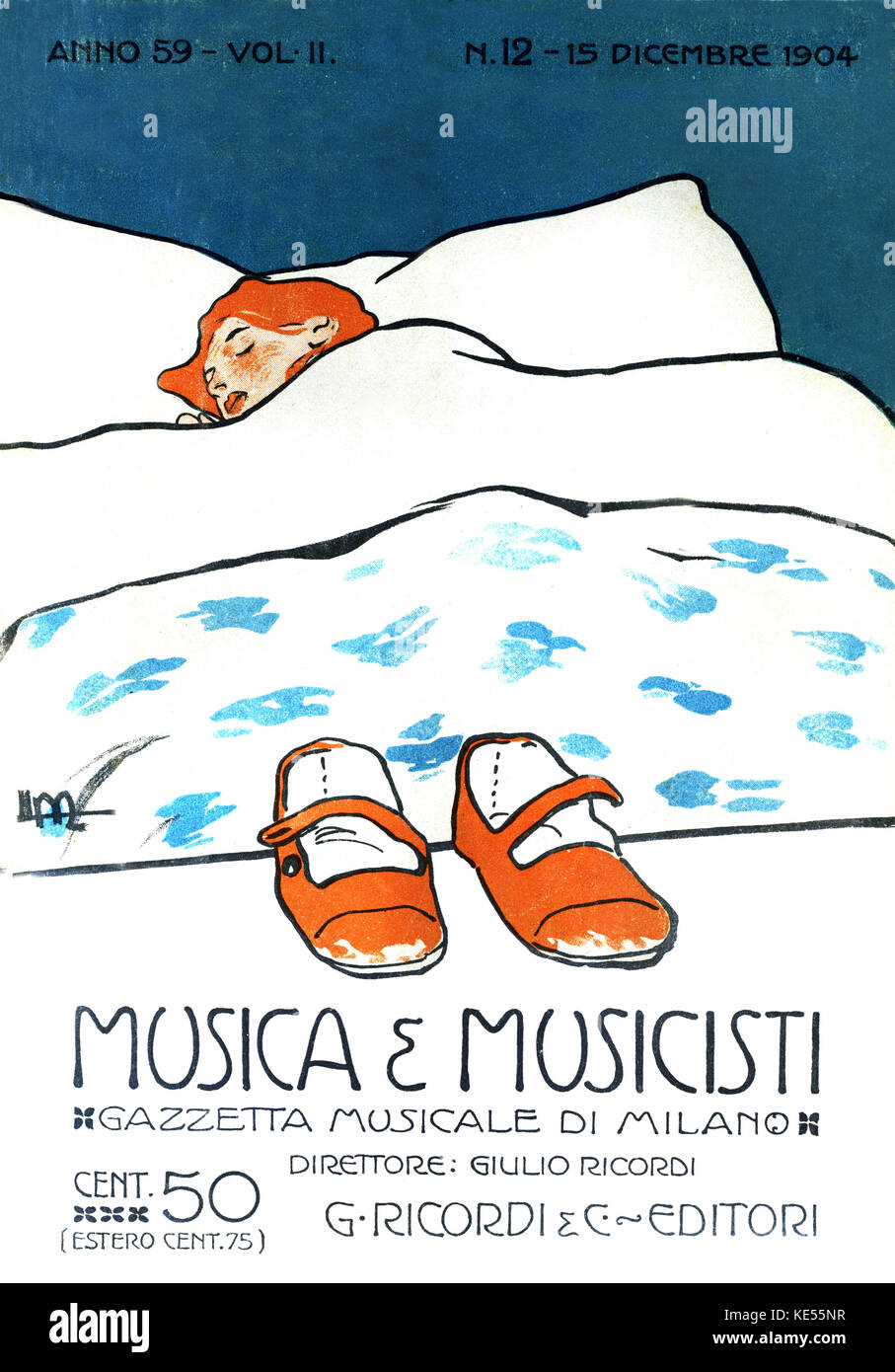 Woman asleep with red shoes. Cover of  Italian music magazine, ' Musica e Musicisti ' , the musical gazette of Milan, 1904.  Art nouveau style. Stock Photo