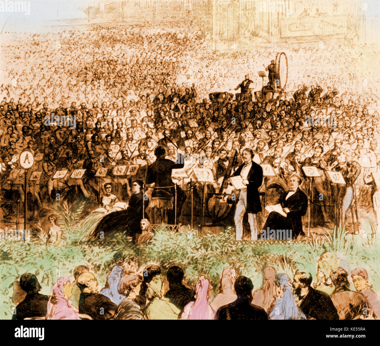 Handel's Festival in the Crystal Palace, 1865. Messiah with lead singer Orchestra, choir and audience.  Line drawing. Illustrated London News. Colourised version. Stock Photo