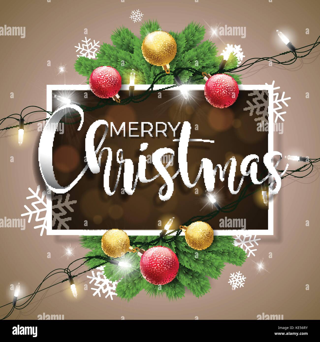 Vector Merry Christmas Illustration on Brown Background with Typography ...