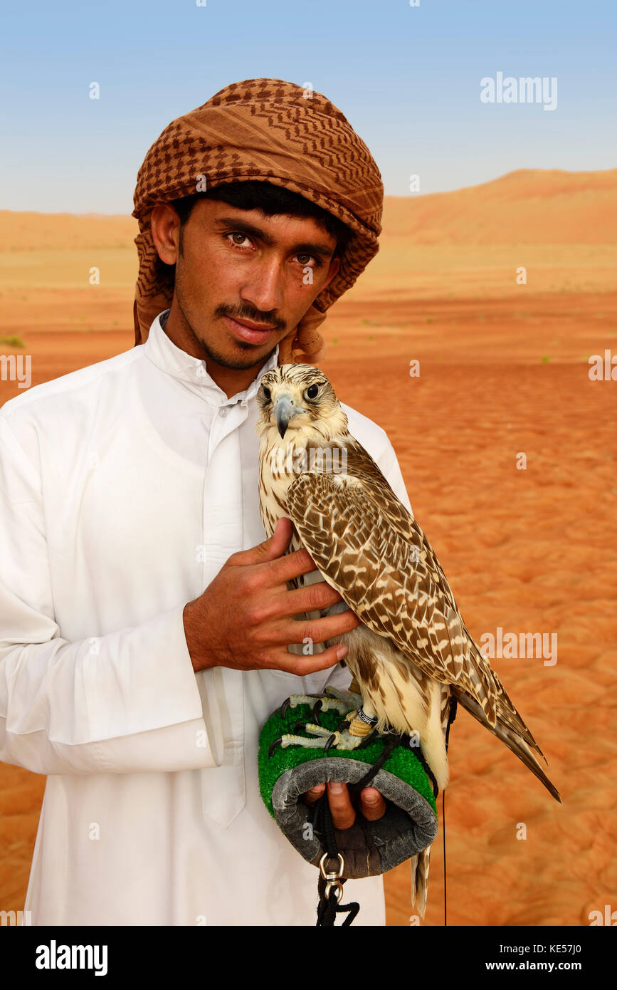 Falconer with Falcon, Liwa Desert, Abu Dhabi, United Arab Emirates Stock Photo