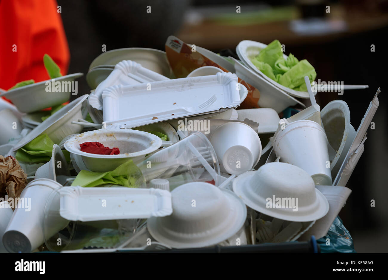 Disposable crockery stacked up in a waste bin, Rhineland-Palatinate, Germany Stock Photo