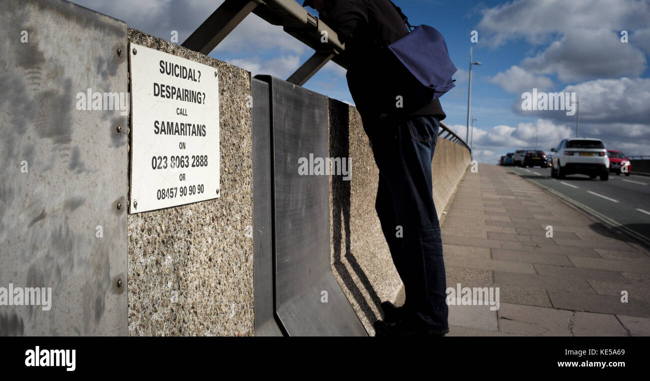 Samaritans  sign on Itchen Bridge in Southampton Hampshire offering a help number for those feeling suicidal or despairing. Stock Photo