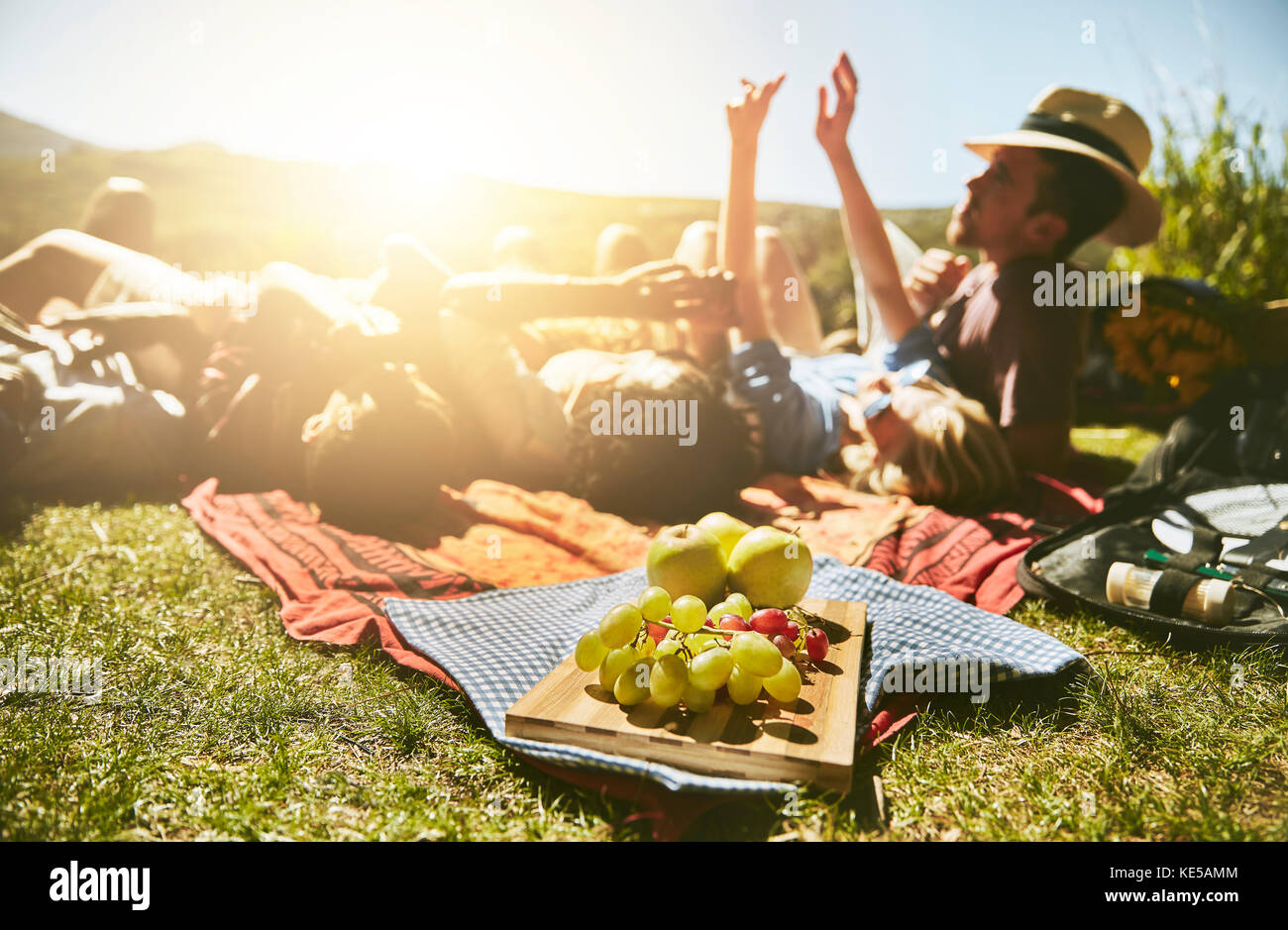 Young friends enjoying picnic, relaxing in sunny summer park Stock Photo