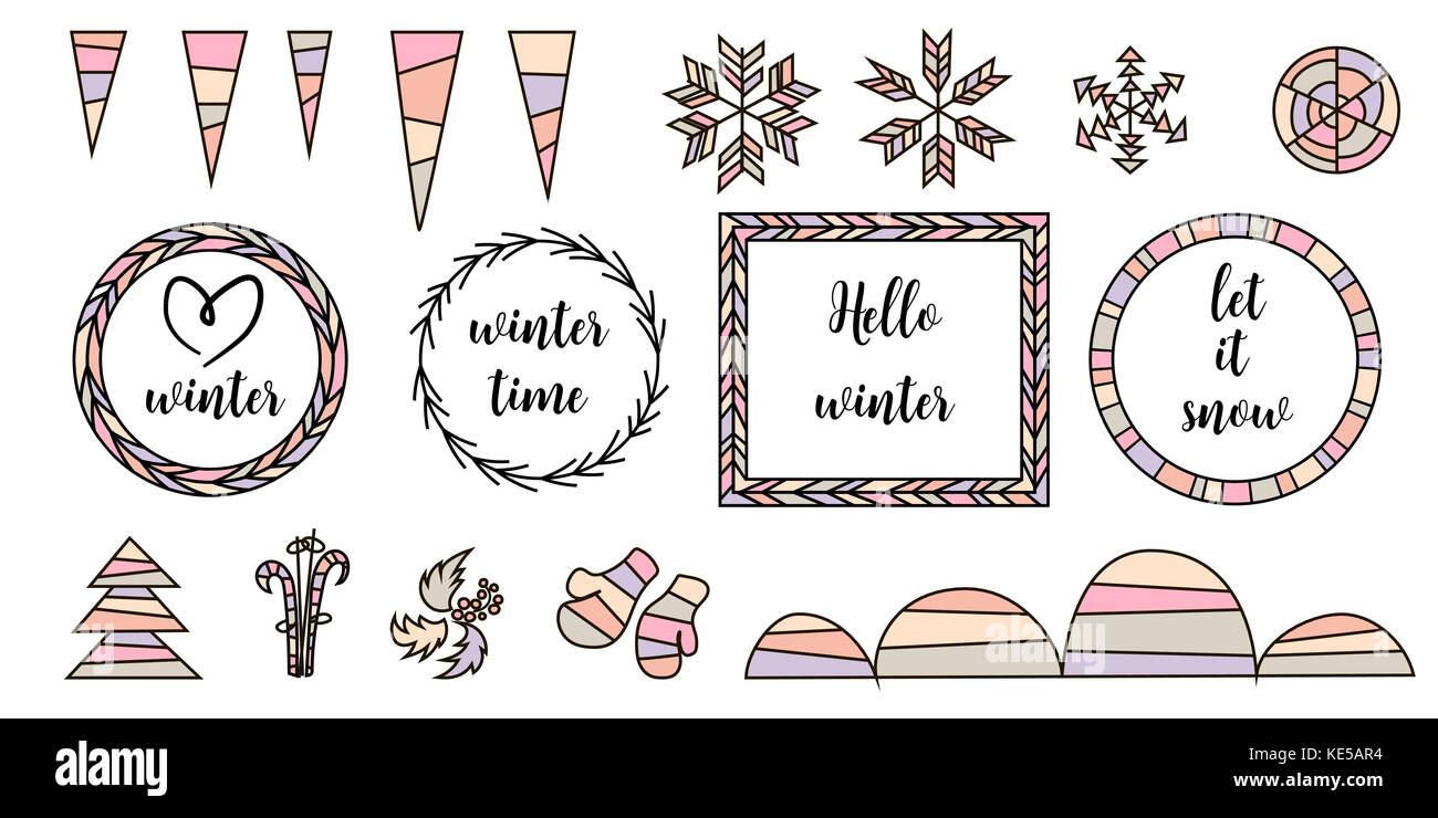 Retro vintage typographic design elements. Arrows, labels, tars, snowflakes, icicles, frame, snowbanks Stock Vector