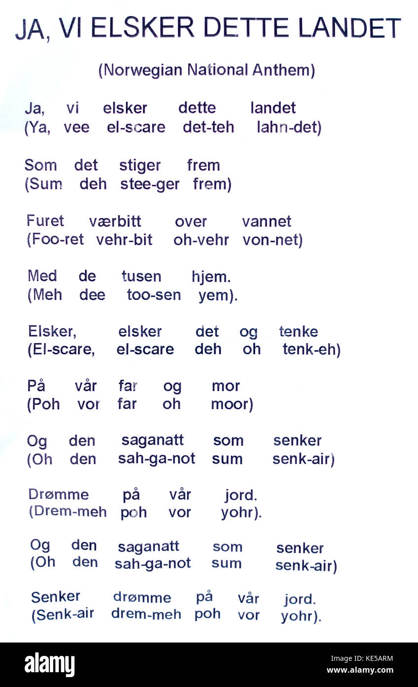 Phonetic pronunciation for singing the Norwegian National Anthem. St Paul Minnesota MN USA Stock Photo