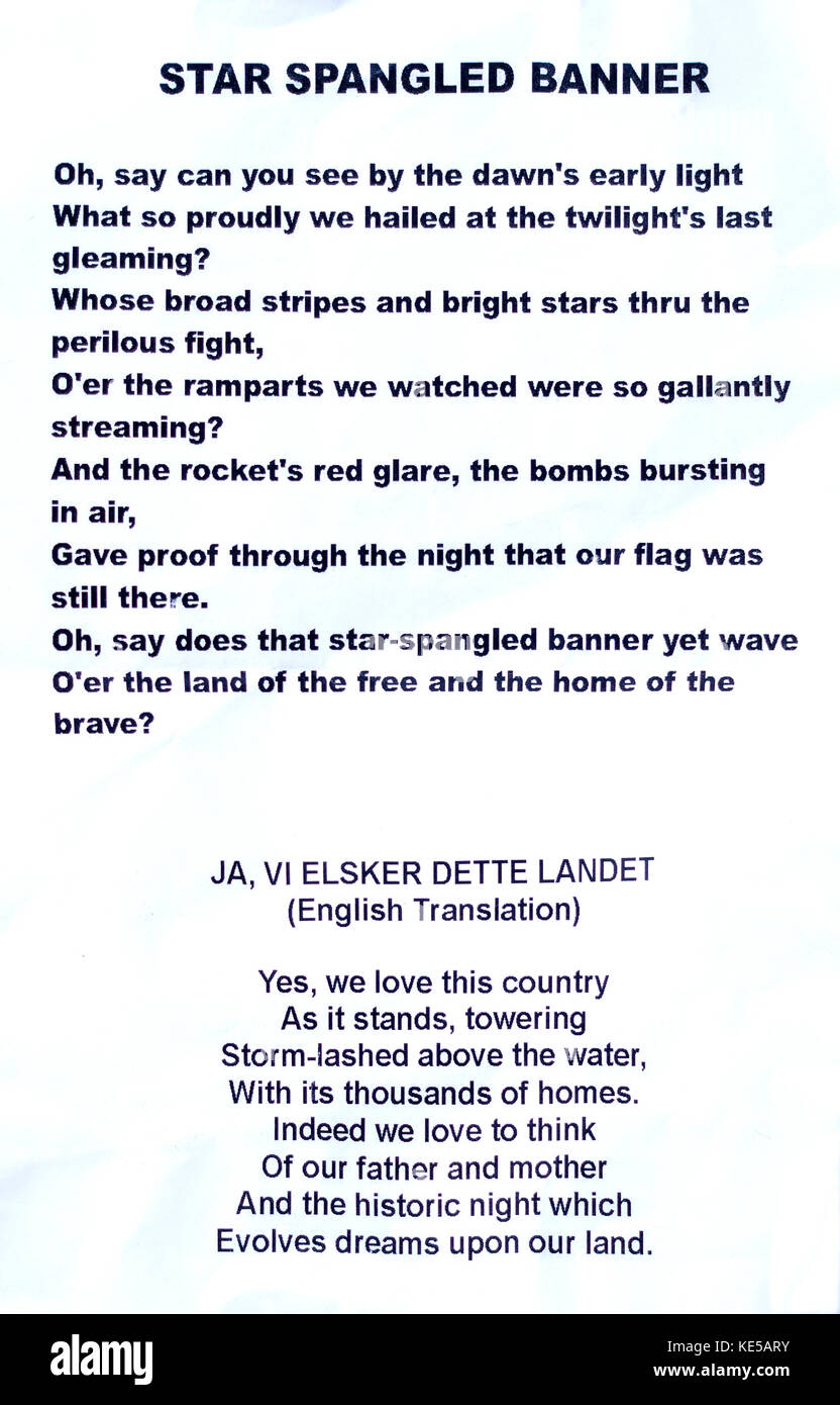 Lyrics for the Star Spangled Banner and the English translation of the Norwegian National Anthem. St Paul Minnesota MN USA Stock Photo