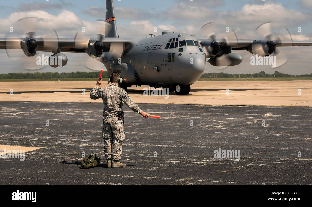 A C-130H Hercules gets ready to support Hurricane Harvey relief efforts. Stock Photo
