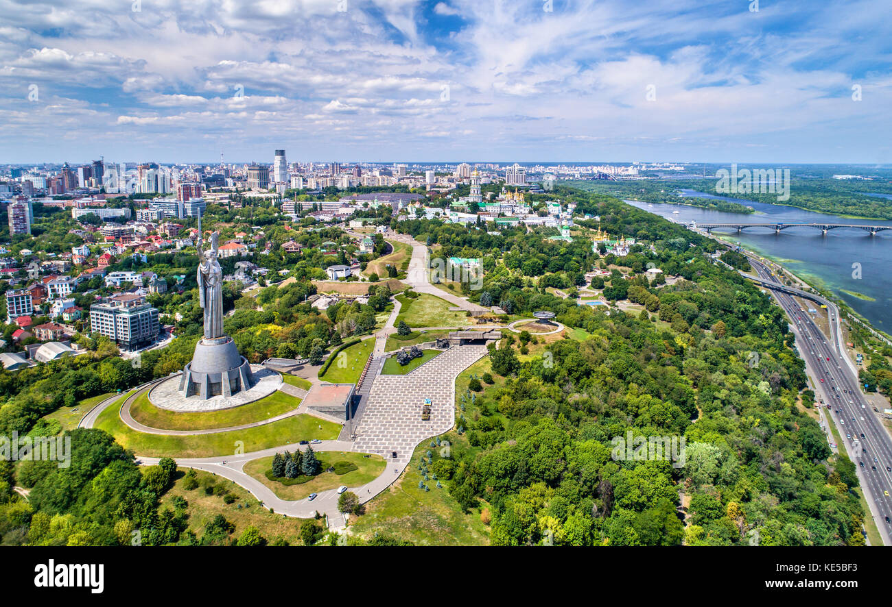 Aerial view of the Motherland Monument and Pechersk Lavra in Kiev, Ukraine Stock Photo