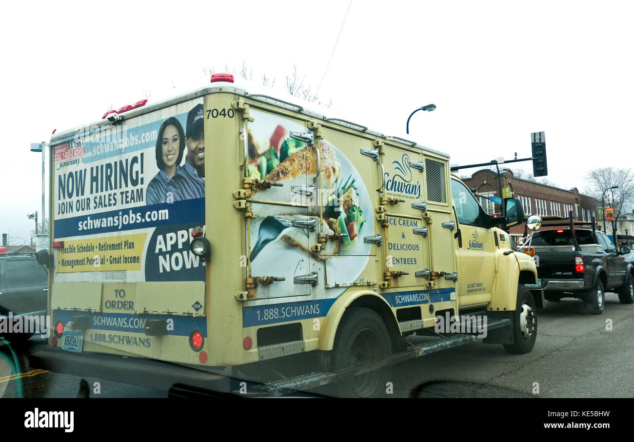 Schwan's delivery truck bringing groceries and over 300 meal-ready frozen foods to peoples homes with a now hiring sign. Minneapolis Minnesota MN USA Stock Photo