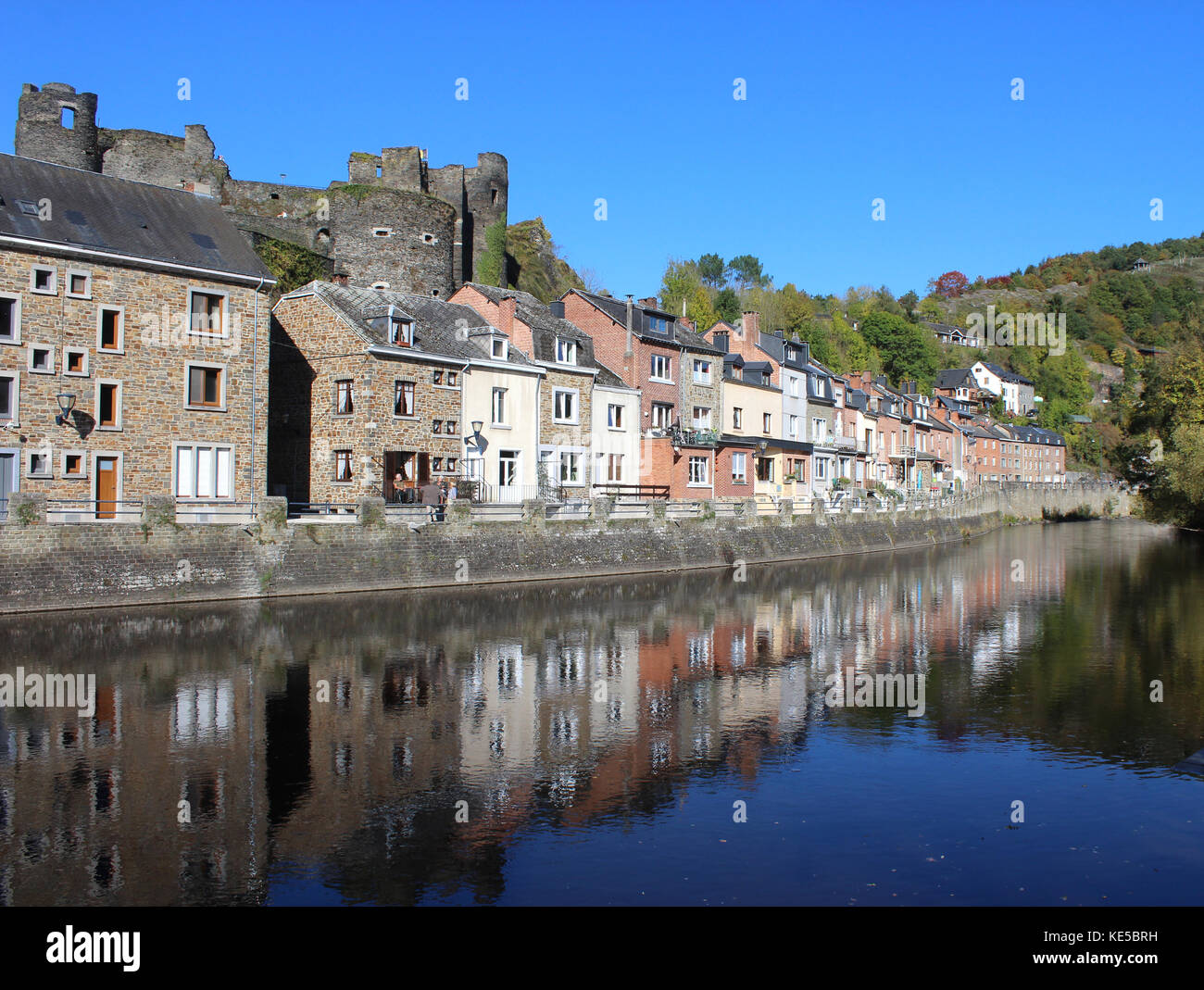 LA ROCHE EN ARDENNE, BELGIUM, OCTOBER 14 2017 View over the river Ourthe to the ruins of the