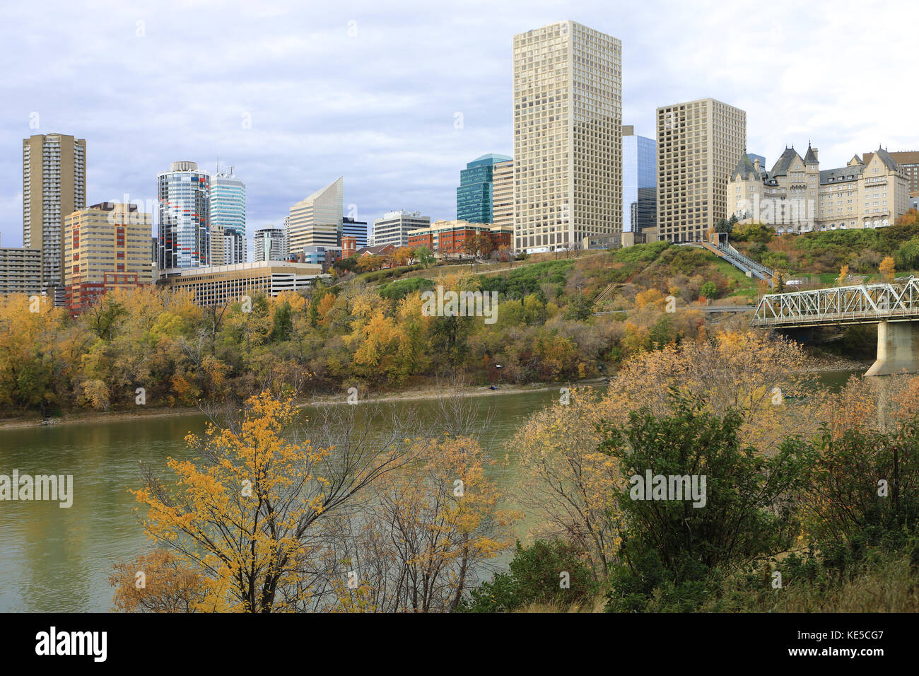 An Edmonton city center with colorful aspen in autumn Stock Photo