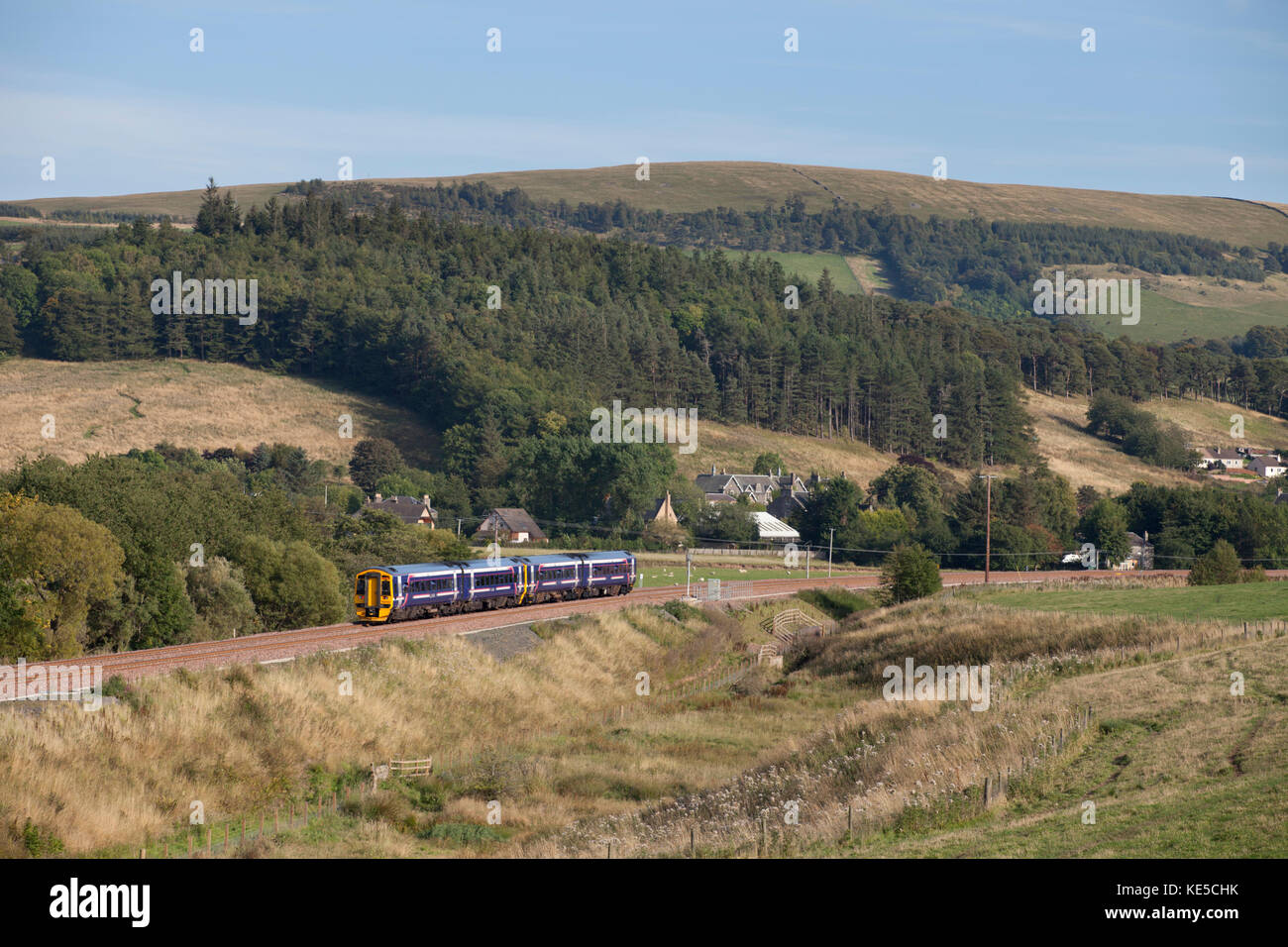The 1511 Edinburgh - Tweedbank Scotrail train arrives at Stow on the borders railway line Stock Photo