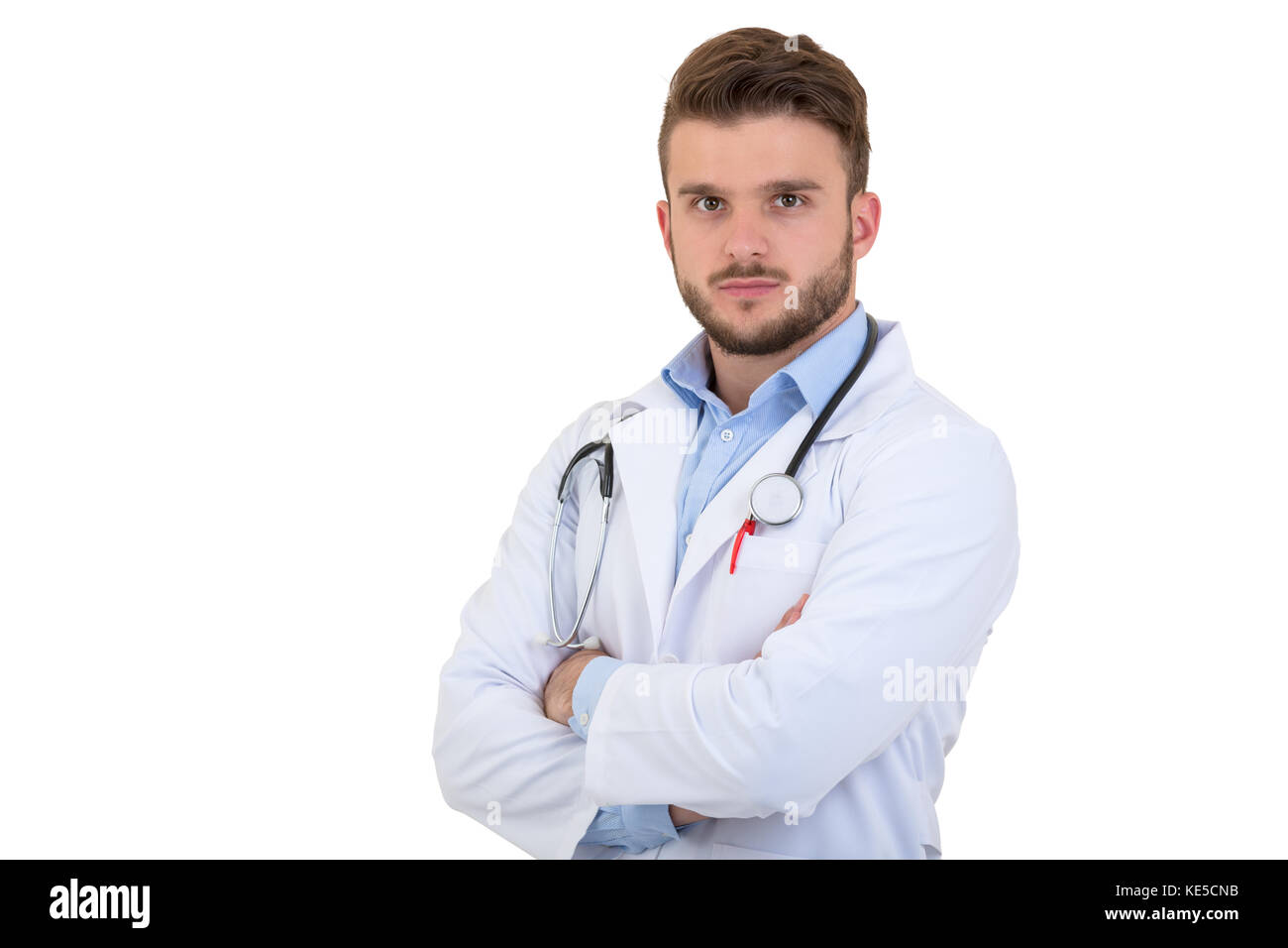 Portrait of confident young medical doctor on white background Stock ...