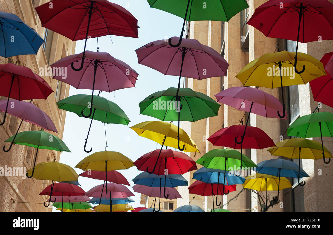 Multicolored umbrellas on the street in Jerusalem Stock Photo Alamy