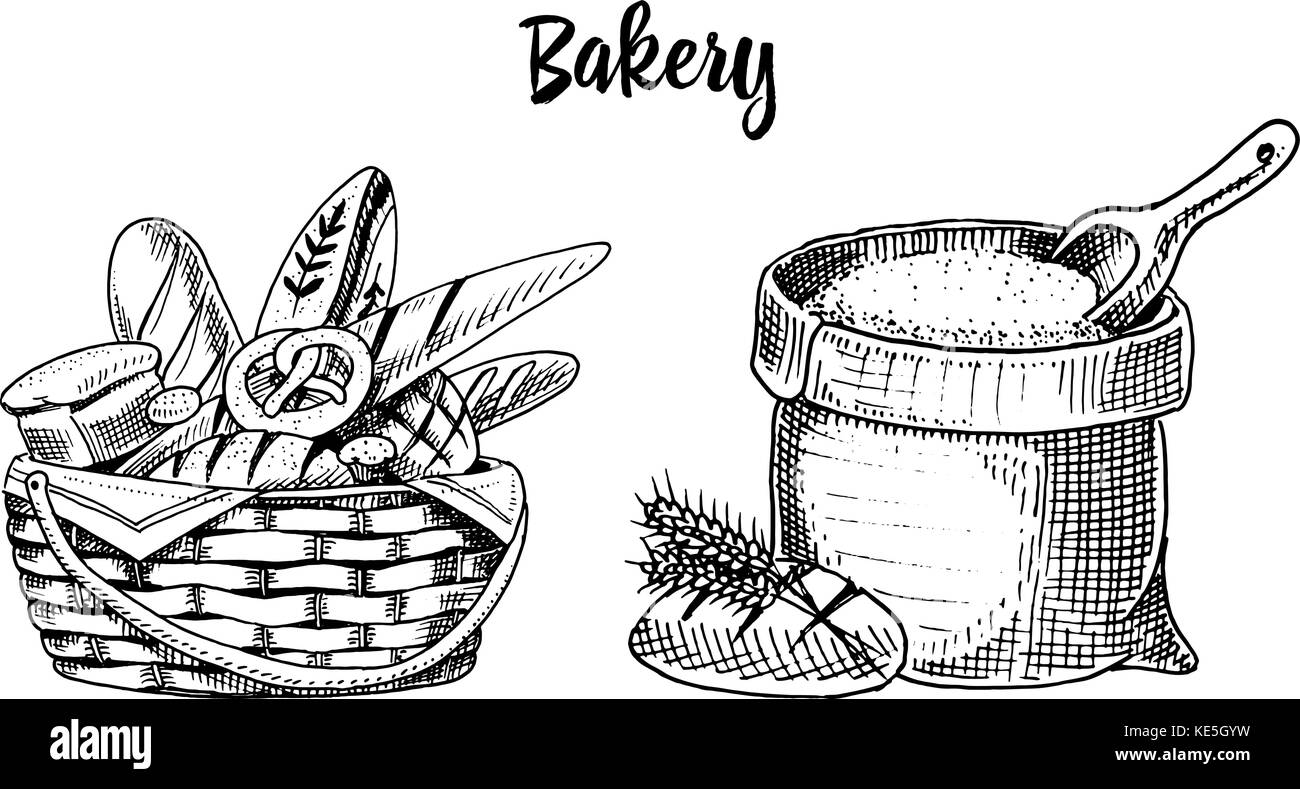 bread and long loaf and pastry. engraved hand drawn in old sketch and vintage style for label and menu. assortment of bakery shop. organic background. bag with flour or basket with food. Stock Vector