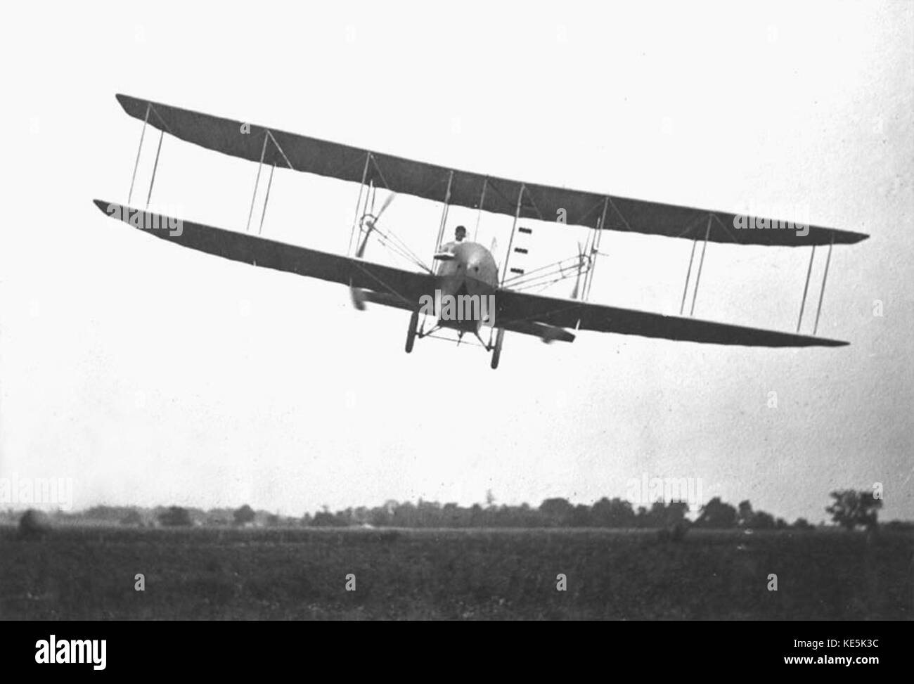 Wright Simms Rudoni Wright Model H front view in flight, Simms Station near Dayton, Ohio ...
