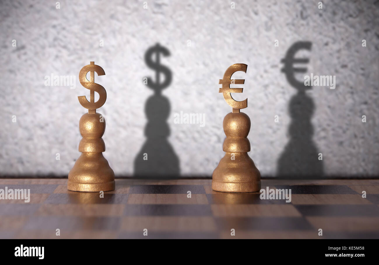 Dollar and euro shadow emerging from currency chess pawns Stock Photo